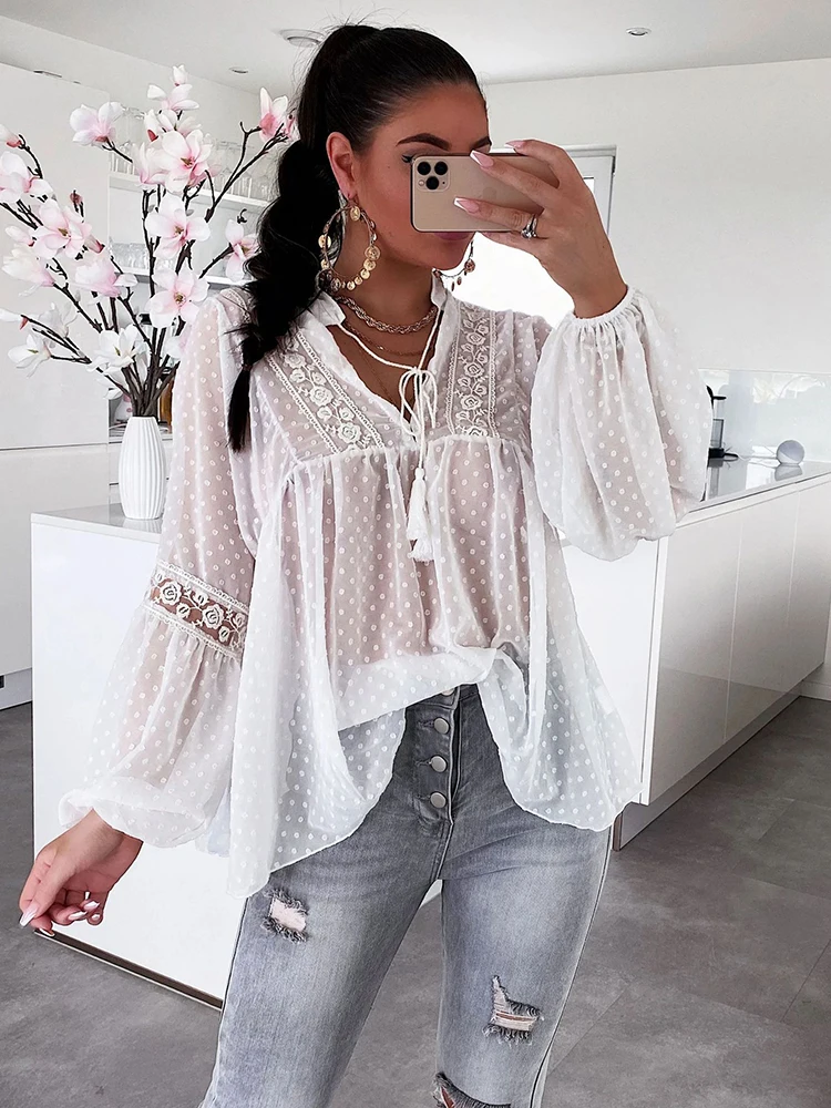 

Long Sleeve Chiffon Lace Blouse Women V-neck Lace-up Loose White Shirt Top 2022 Spring Autumn Elegant Woman Blouses And Tops
