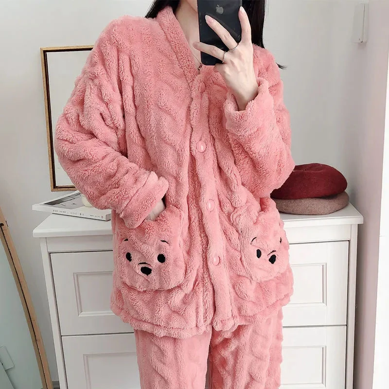 

New Women's flannel Pajamas Outfit Warm Autumn Winter Home Wear Can Be Worn With V Neck Cardigan Trousers Two Piece Pajamas 80KG