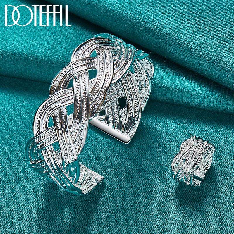 

DOTEFFIL 2pcs 925 Sterling Silver Interwoven Web Bracelet Ring Bangle Set For Woman Man Wedding Engagement Fashion Charm Jewelry