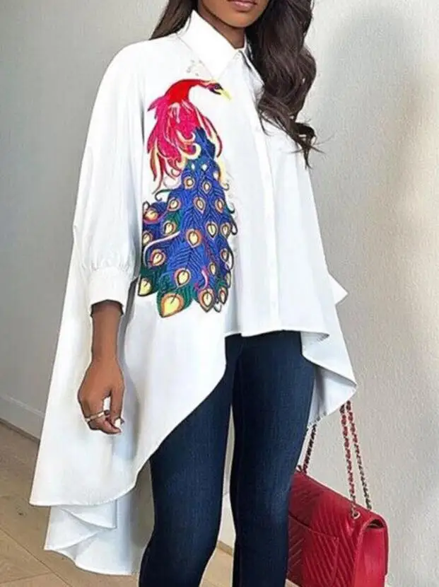 

Fashion Woman Blouse 2023 Autumn New Casual Simple Daily Lapel Single Breasted Peacock Print Asymmetric Dip Hem Shirt Elegant