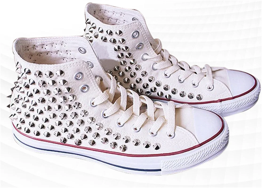 

White high-top canvas rivet shoes chain hip-hop street shooting comfortable sports shoes handmade rivet vulcanized shoes 35-46