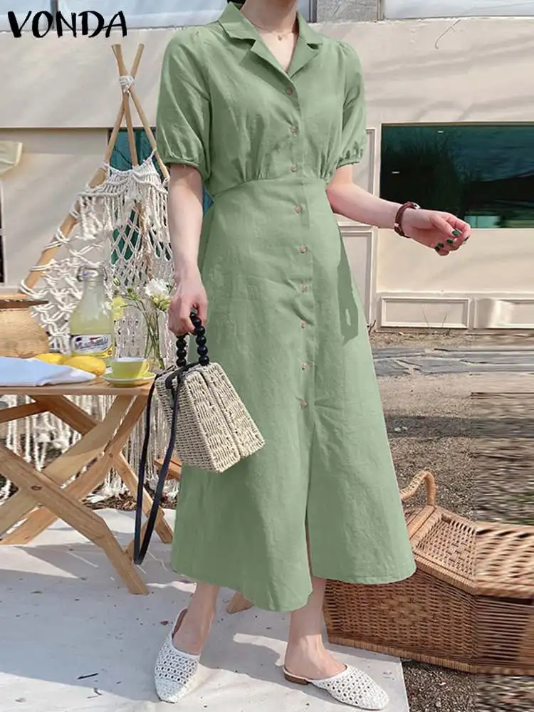 

2023 модное женское летнее платье VONDA с отложным воротником и коротким рукавом Миди сарафан элегантное платье на пуговицах с завышенной талией