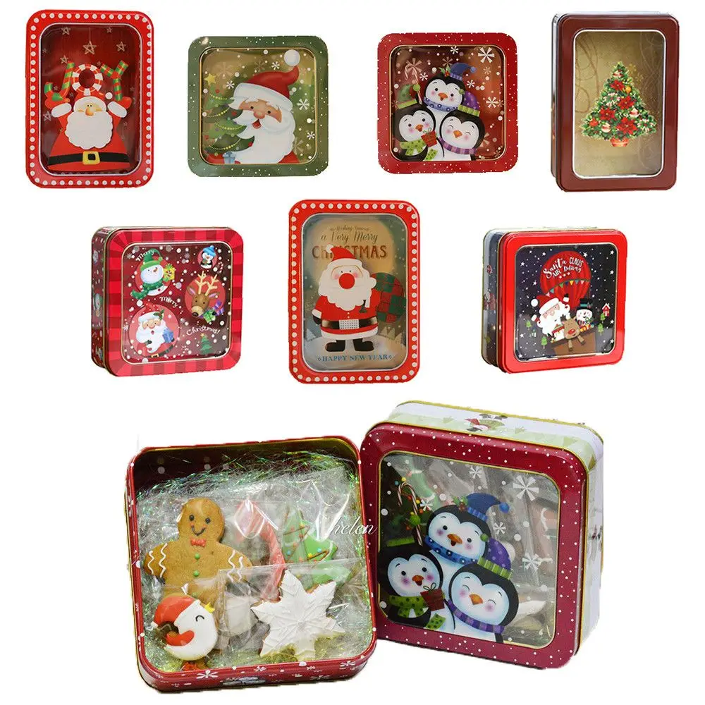 

Christmas Merry New Year Candy Box Gift Packaging Tin Box Santa Claus Snowman Transparent Sky Window Container Party Cookies Box