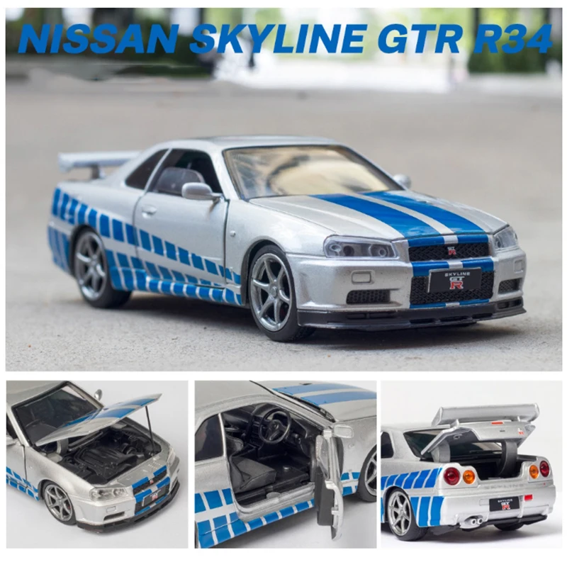 Купить Модель автомобиля Nissan Skyline Ares GTR R34, Литые и игрушечные автомобили со звуком, имитация вспышки, сборная машина, детская игрушка, 1:32