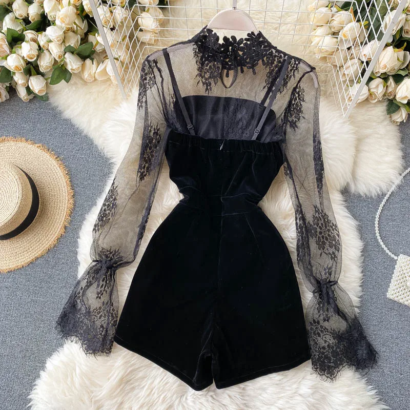 Autumn Elegant Long Sleeve Mesh Lace Shirt + Tube Top Double Breasted Slim Jumpsuit Two-Piece Rompers Sexy Bodysuit Black Woman