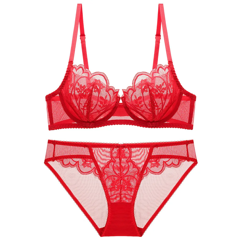 

2021 Europe and the United States the new sexy lace underwear ultra-thin breathable big chest show small size bra ladies bra set