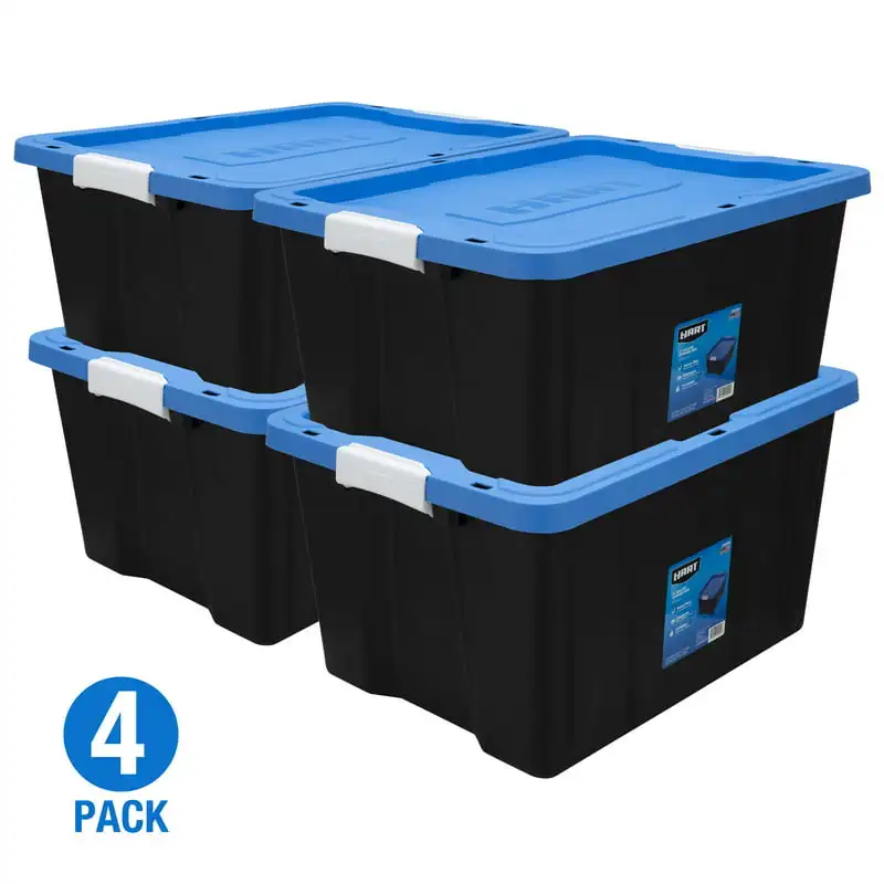 17 Gallon Heavy Duty Latching Plastic Storage Box, Black Base/Blue Lid, Set of 4