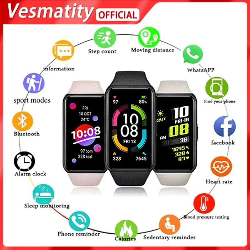 

2022 New Smart Bracele Blood Oxygen Smart Band Heart Rate Stress Monitor AMOLED Screen Fitness Bracelet Waterproof Smartband