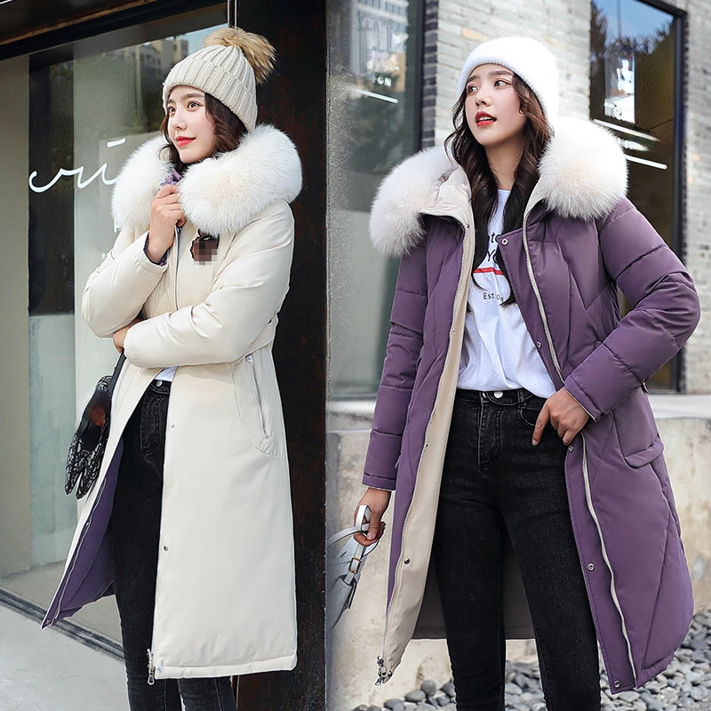 2022 Autumn and Winter New Two-sided Wear Long Paragraph Loose Thin Section Down Cotton Clothes Big Fur Collar Thickened Cotton