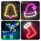 Рождественский неоновый светильник, настенное украшение на елку, с колокольчиками, лосем, снежинкой, подарок для детей, для сна