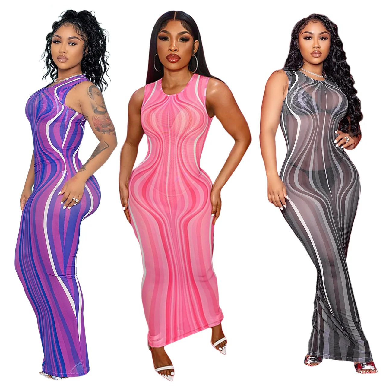 

Dresses for Women 2022 Summer New Frocks for Women Vest Mesh See-through Ripple Print Midi Dress Fashion Dress Women Elegant