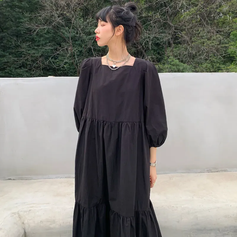 

VANOVICH осеннее новое французское однотонное простое прямоугольное лоскутное платье со складками свободное Повседневное Платье трапециевид...