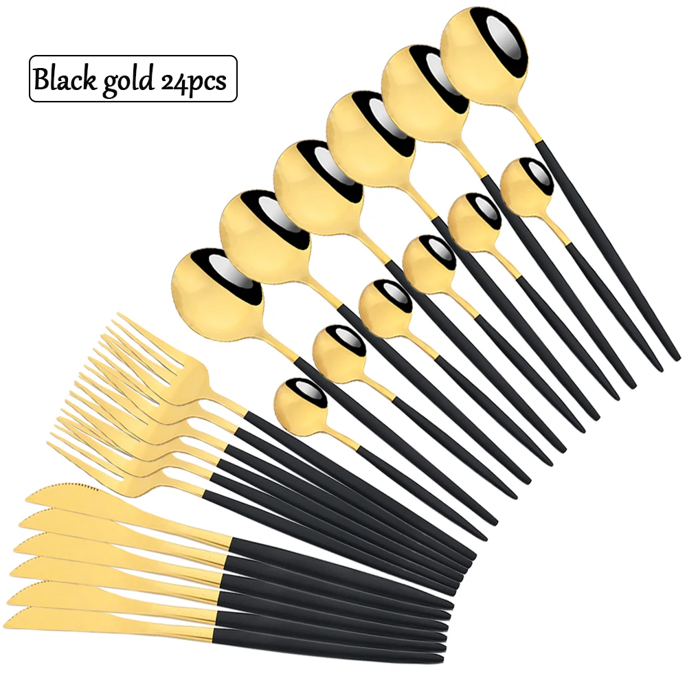 

24pcs Black Gold Cutlery Stainless Steel Set Mirror Frosted Dinnerware Cutlery Set Knife Fork Spoon Luxury Wedding Tableware