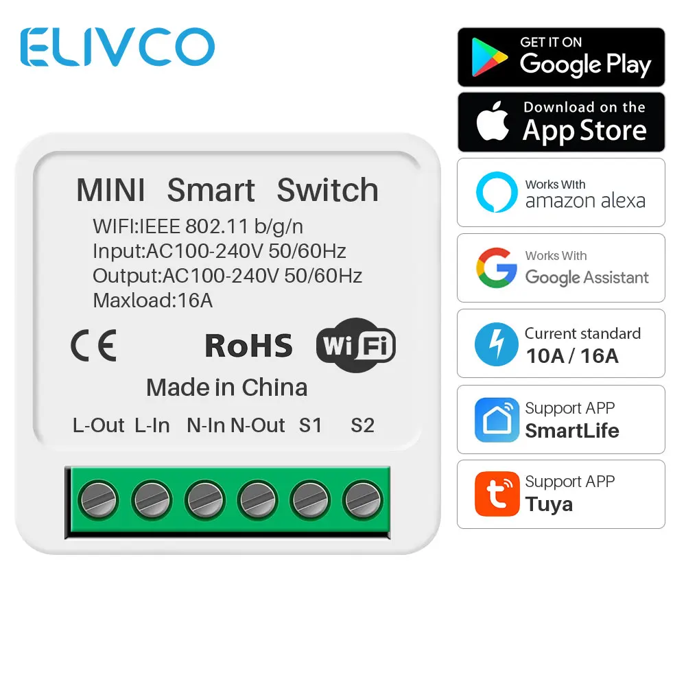 

Tuya Mini WiFi Switch Module 2 Way Control Smart Home DIY Breaker Smart Life APP Works With Alexa Google Home Voice Control