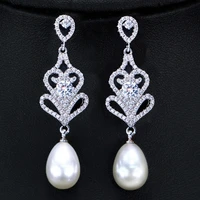 cubic zirconia rose gold color long pearl drop earrings for women vintage ethnic wedding bridal party jewelry
