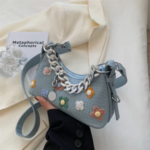 retro casual shopping bag fashion flowers women totes shoulder bags female quality leather solid color chain handbag for women free global shipping