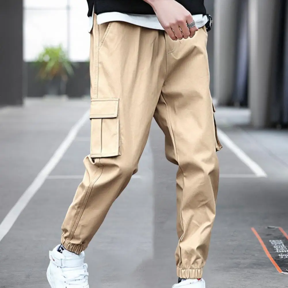 

Men Pants Plush Lining Ankle Tied Cargo Pants Multi Pockets Elastic Waist Pants Autumn Winter Hip Hop Harem Trousers For Daily