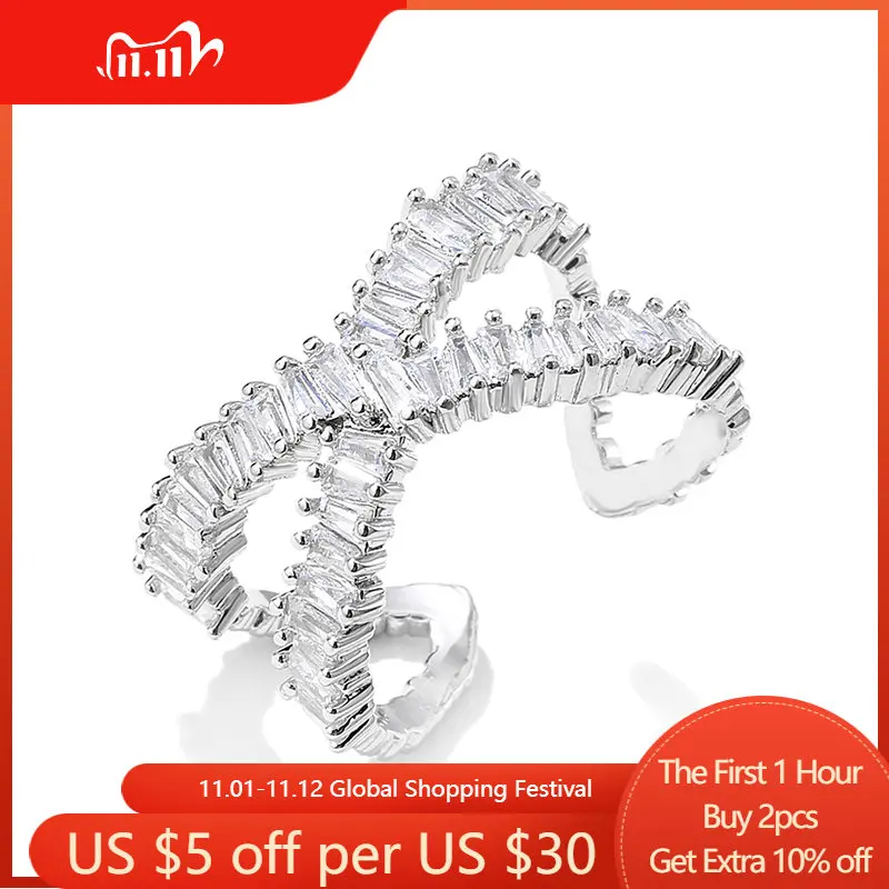 

Hot Sale Luxury Cross X Shape Women Engagement Rings Full Paved Zircon Silver Color Elegant Simple Jewelry Open Adjustable Ring