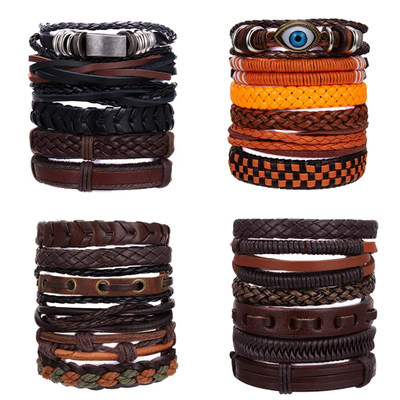 

6Pcs/Lot Vintage Braided Wrap Leather Bracelets For Men Women Punk Handmade Wristbands Bangle Male Fashion Jewelry Accessories