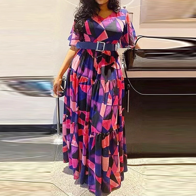 

MD 2023 Spring Summer Women's Dress African Print Boho Long Dresses Elegant Short Sleeve Chiffon Robe Party Gowns Lady Outfits