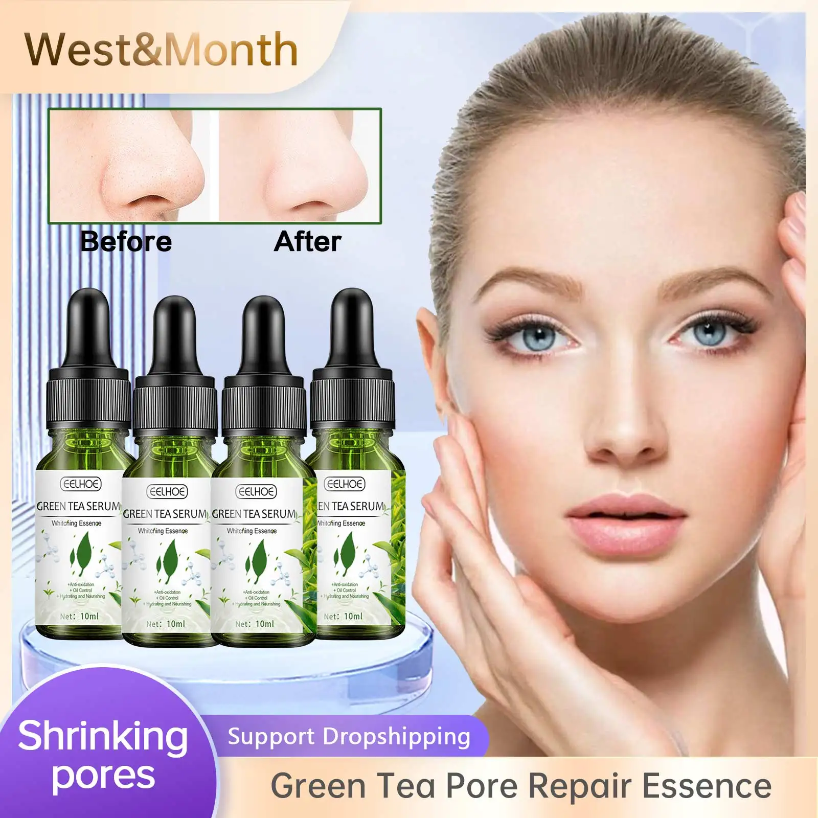 

4PCS Green Tea Pore Repair Serum Gentle Nourish Shrinking Pore Moisturizing Oil Control Firming Smooth Skin Rejuvenation Essence