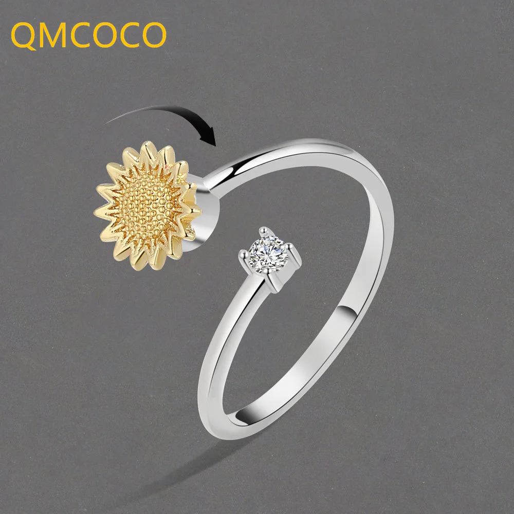 

Элегантные кольца QMCOCO серебряного цвета с цветами для женщин и девушек, весеннее Новое модное креативное поворотное кольцо с подсолнухом, И...