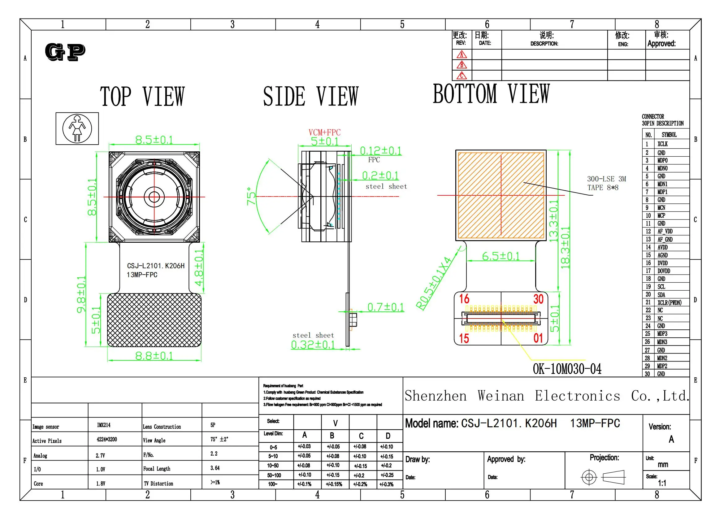 Модуль камеры Mipi с автофокусом 75 градусов 30FPS 30PIN MIPI CSI для машинного зрения и