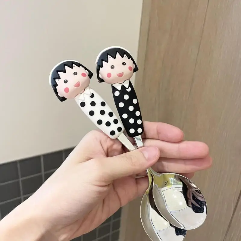 Фото Новый набор вилок и ложек из серии Chibi Maruko Chan: милые стальные ложки и вилки в горошек, кавайная посуда из нержавеющей стали, товары для дома, подарок №4