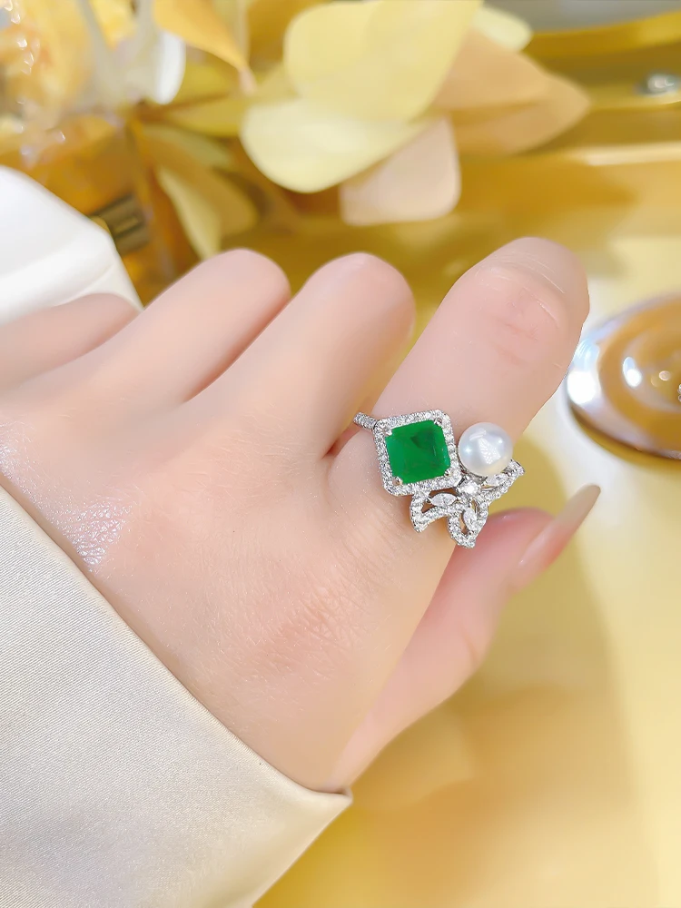 

Модное нишевое серебряное кольцо с искусственным Изумрудом и жемчугом, импортное кольцо с высокоуглеродистым бриллиантом, новое персонализированное приспособление