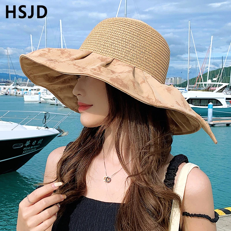 Шляпа женская Соломенная с бантом, складная пляжная шапка с большими полями, с защитой от УФ излучения, летняя