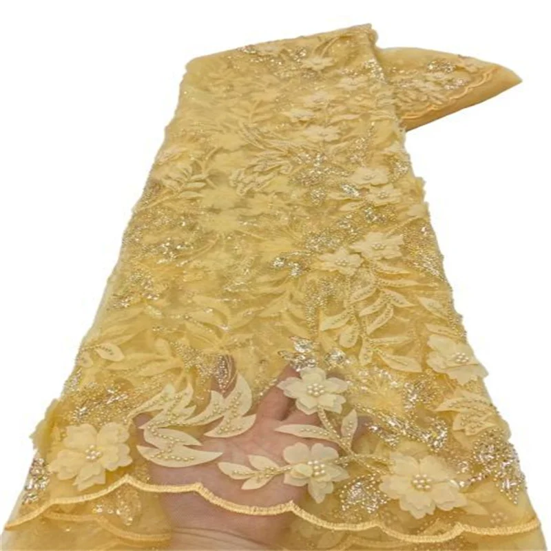 

2023 Yellow African 3D Flower Lace Fabric With Sequins French Lace Fabric 2023 High Quality Beads Laces For Wedding Party Dress