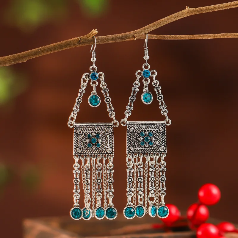 

European and American vintage multi-layer diamond earrings Chinese style fashion alloy earrings women's long tassel earrings