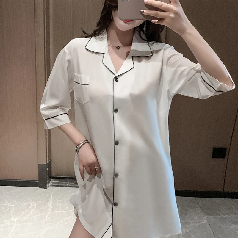 New Arrivals Summer Silk Womens Sleepwear Short Sleeve White Sleepshirt White Shirt Ladies Nightgown Girl Outwear Nightdress