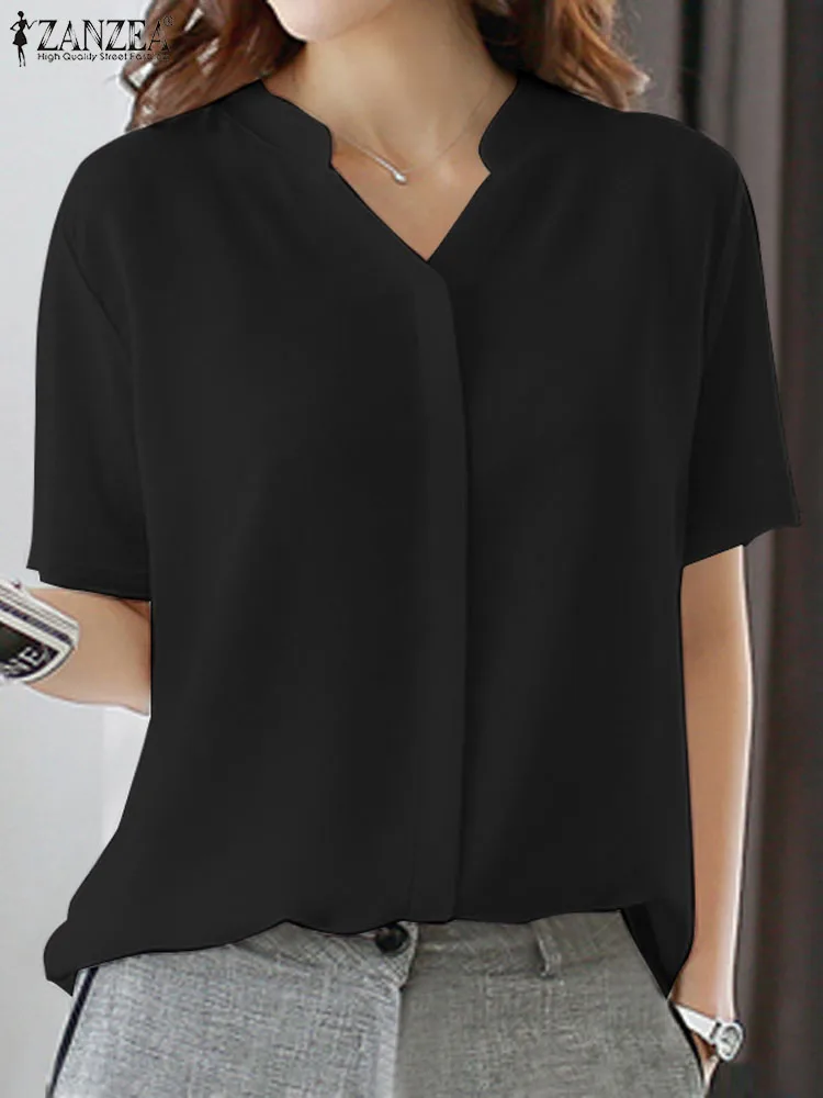 

ZANZEA Summer Fashion Tops Female Short Sleeve V-Neck Blusas Mujer Solid Color Casual Blouse Woman Elegant OL Shirt Oversized