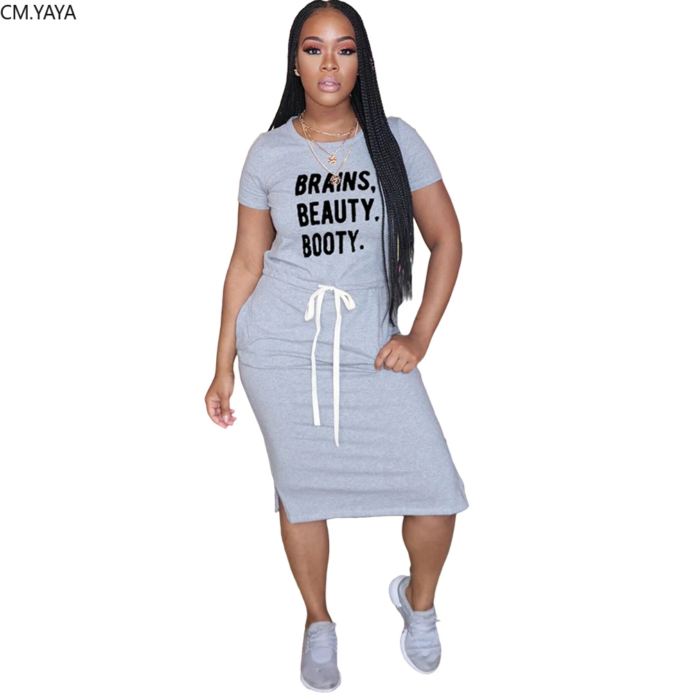 Женское летнее платье-футболка CM.YAYA с изображением мозга и букв повседневное