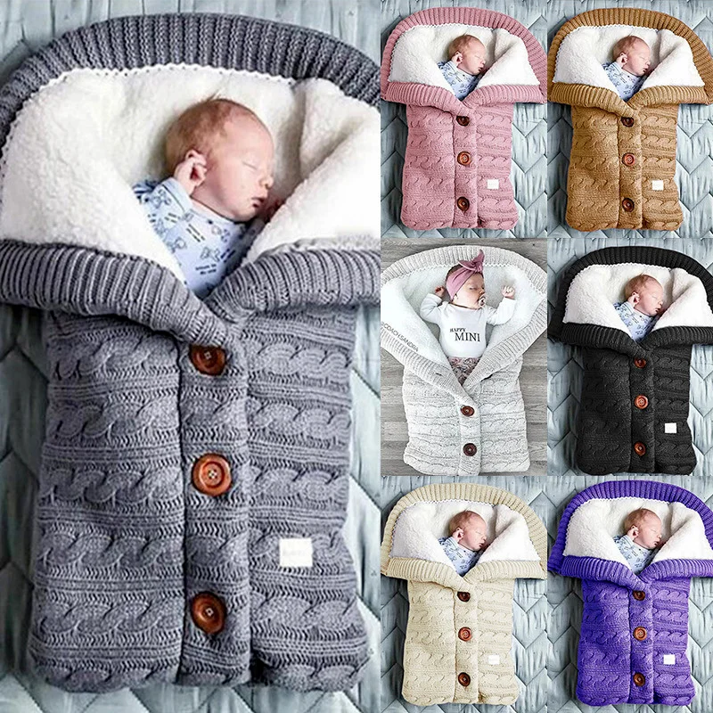 Зимний теплый спальный мешок для новорожденных вязаный Пеленальный с пуговицами