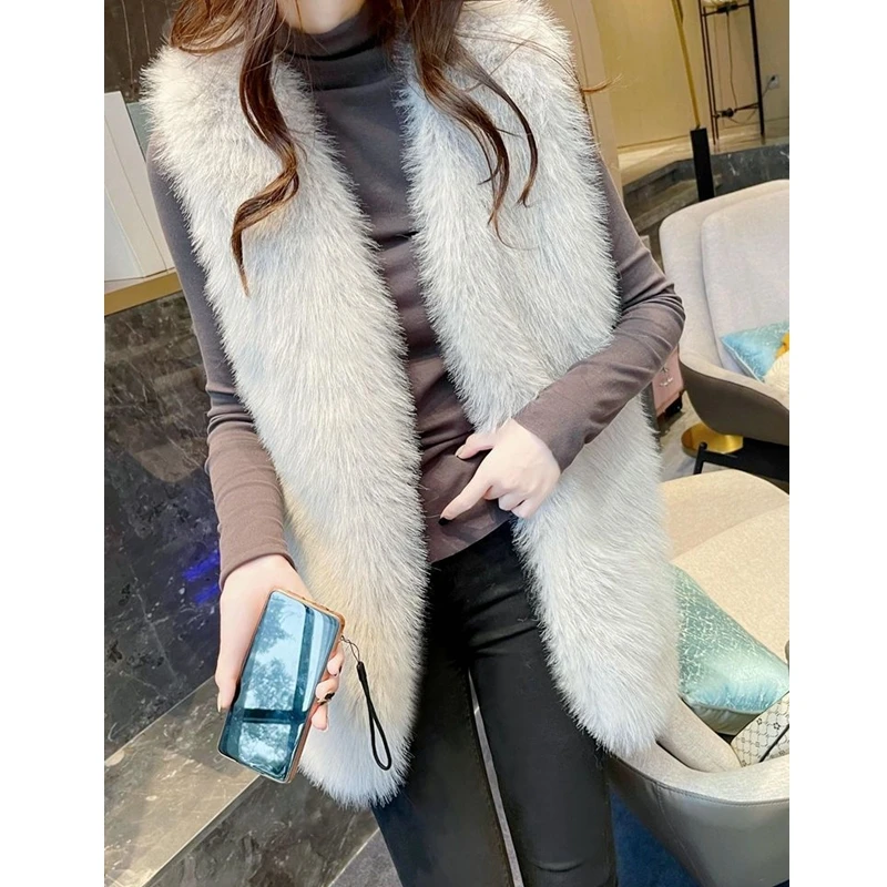 Autumn Winter Plush Vest Coat Women Solid Color Warm Loose Faux Fur Vest Women's Casual Sleeveless Cardigan Length Vest Coat