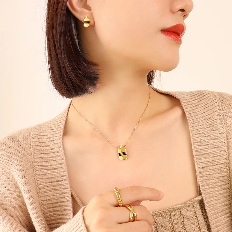 

YAONUAN Trendy Kettle Pendant Necklace/Earrings For Women Gold Plated Titanium Steel Jewelry Set Minimalist Stripe Design Party