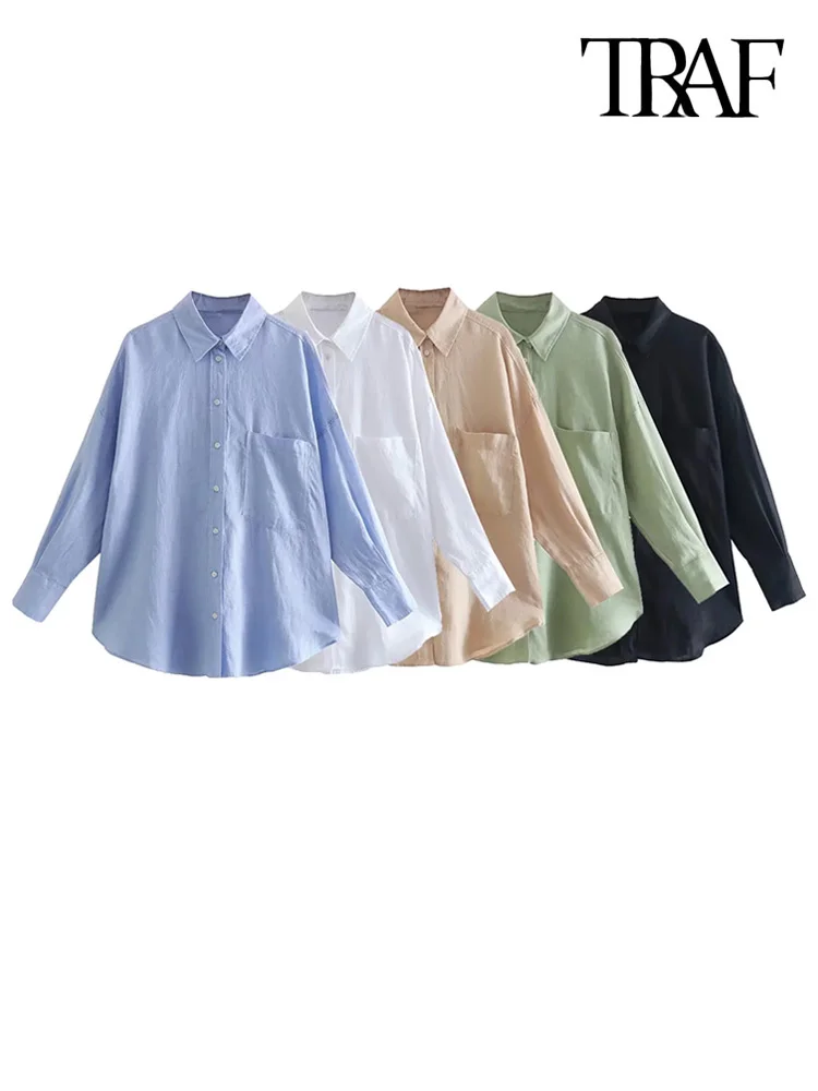 

TRAF Women Fashion With Pocket Oversized Linen Shirts Vintage Long Sleeve Button-up Female Blouses Blusas Chic Tops