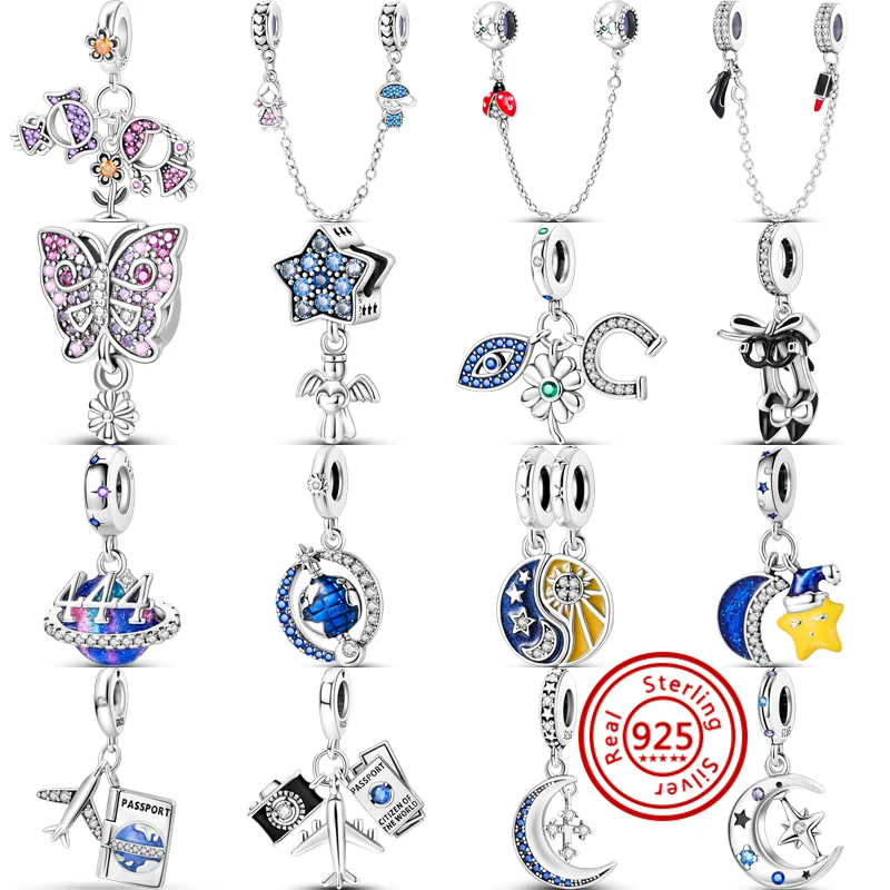 

Бусины-шармы для браслета Pandora, из серебра 925 пробы, с самолетом, паспортом, звездой, луной, солнцем, землей, мальчиком и девочкой
