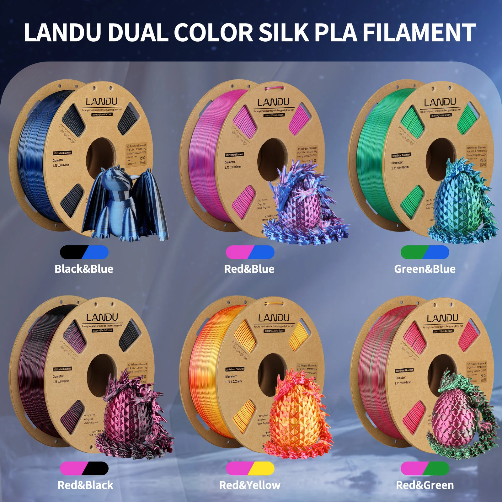 Фото Шелковая PLA-нить LANDU Plus, двухцветная, аккуратно намотанная, 1 кг, 1,75 мм, PLA красный, синий, желтый, зеленый для 3D-принтеров, пластиковый материал ﻿ №2