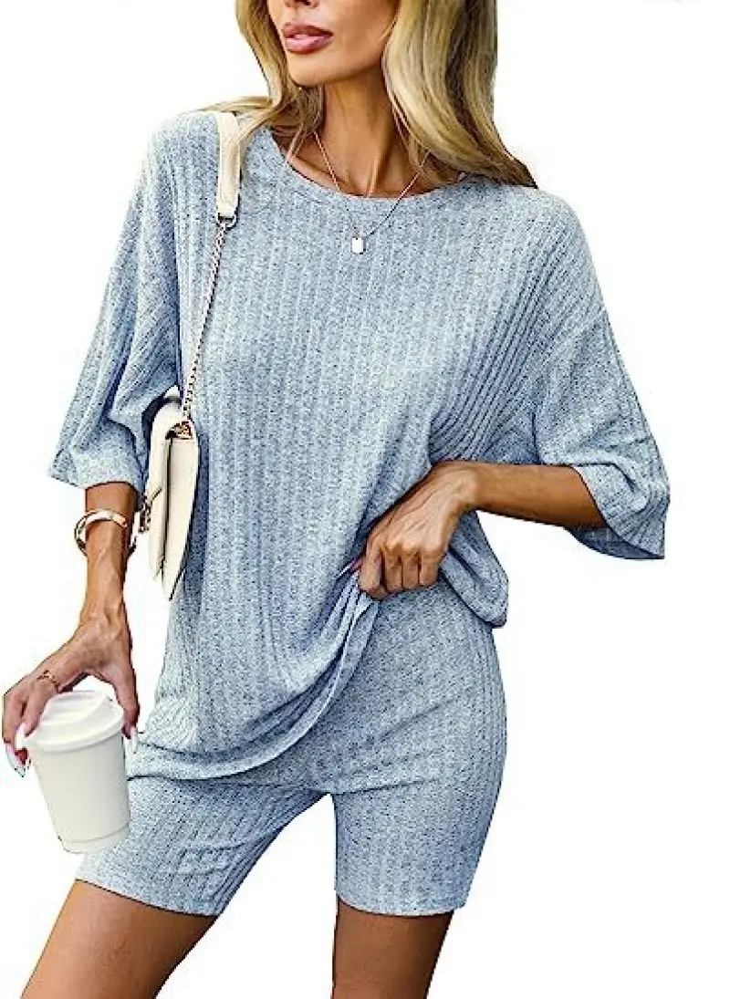 Womens Pajamas Set Pyjamas 2 Piece Lounge Sets Ribbed Knit Matching Outfits T-shirt Biker Shorts Sleepwear Loungewear Sweatsuits