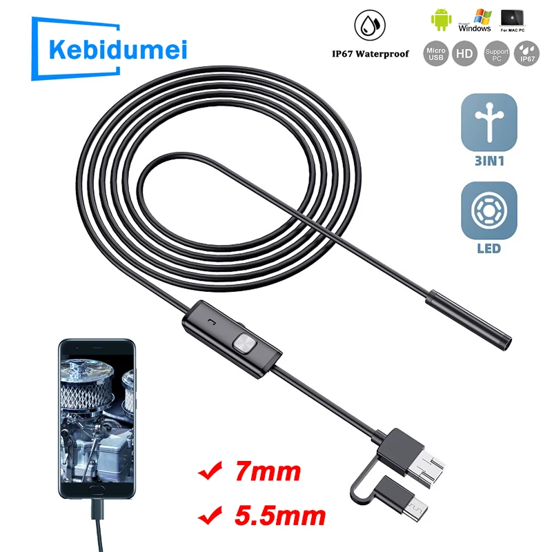 

Endoscope Camera 5.5MM 7MM Mini Lens 3 IN1 type c Micro USB Car Inspection Borescope 6 LED Waterproof For XIAOMI PC Android