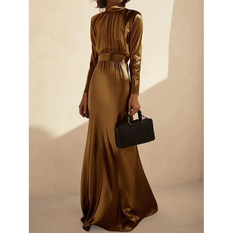 Beautyblue Элегантные золотые вечерние платья Макси-платье с высоким воротом Модные