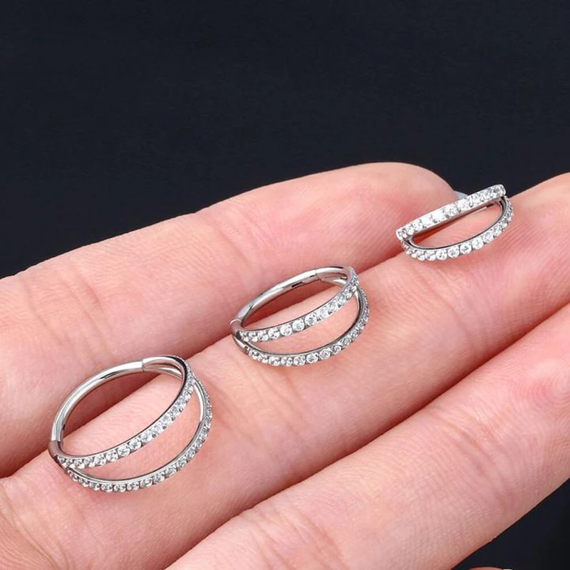 

ASTM F136 Titanium Nose Rings Piercing 2 Side CZ Pave Clicker Hoop Ear Cartilage Tragus Helix Earrings Septum Rings Jewelry
