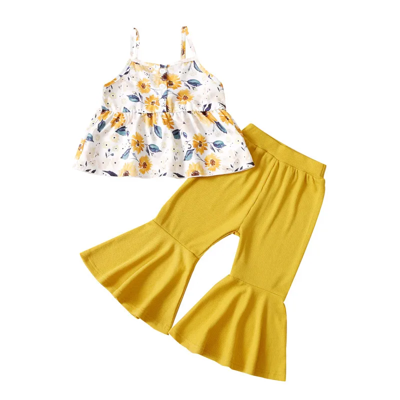 

Girl\u2019s Camisole and Trousers Suit Fresh Flower Button Suspender Tops and Solid Color Trumpet Pants