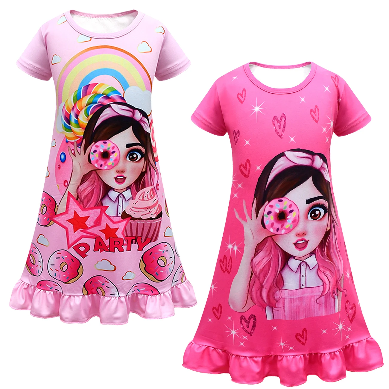 

Summer Adorable Kids Acetate Short Sleeves Pjamas Party Dress Mis Pastellitos Printing Children Sleepwear Nightgowns For Girls