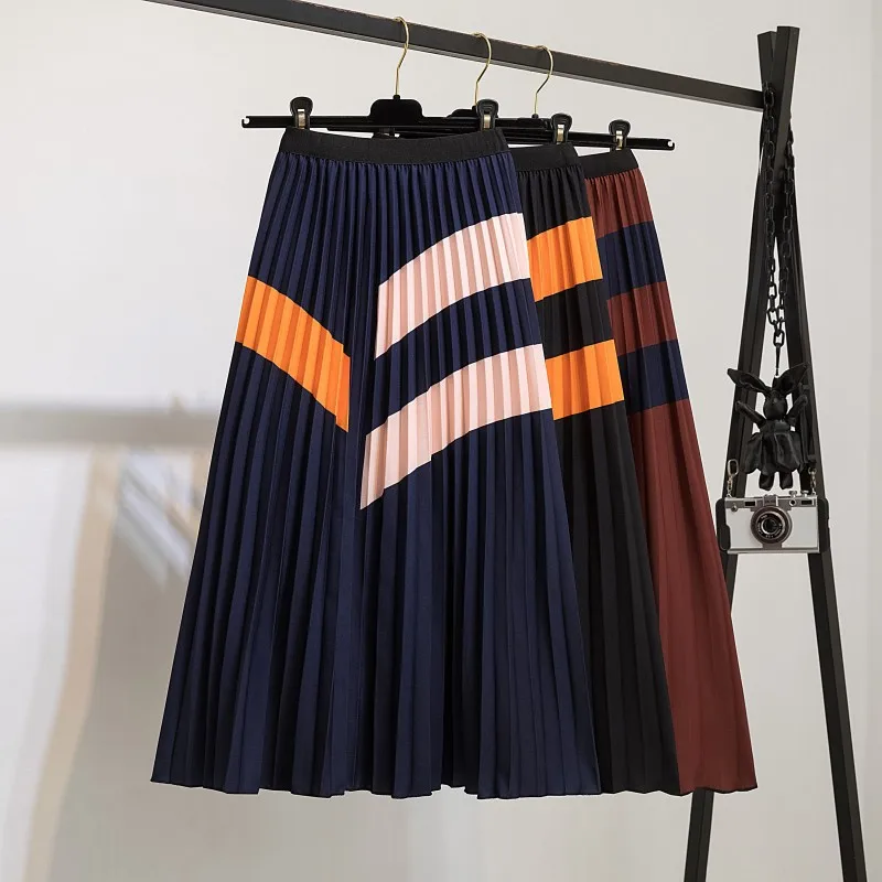 

Rainbow Striped Pleated Skirts Womens 2023 Fashion Chic High Waisted Elastic Print Swing Mid-Calf Summer Skirt Y2K A-Line Jupe