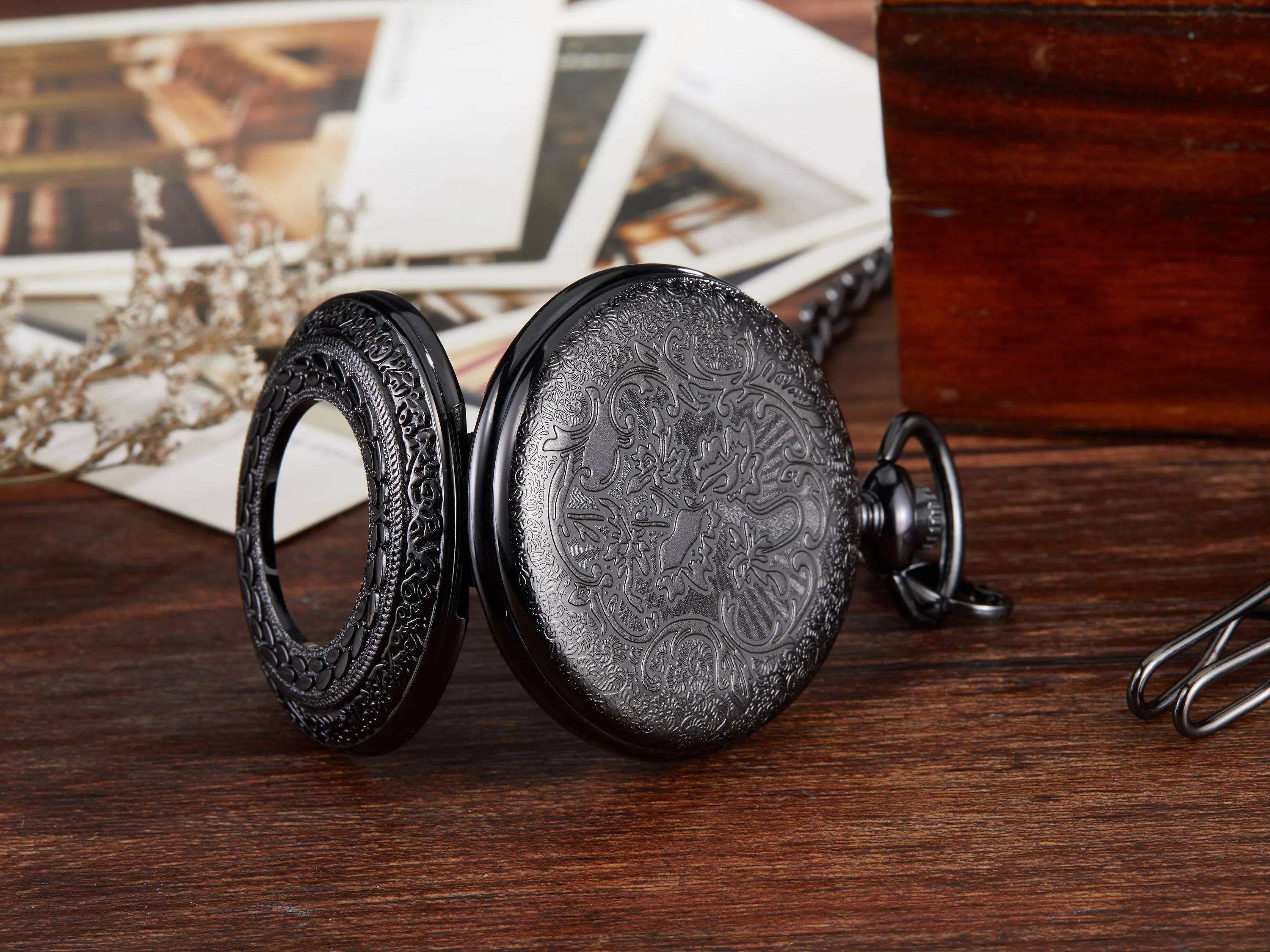 Black Vintage Antique Steampunk Pocket Watch Roman Numerals Automatic Mechanical Men Watches With FOB Chain Gift Reloj Hombre