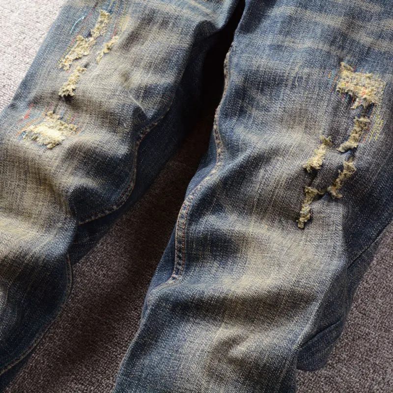 Fashion Vintage Men Jeans Retro Dark Blue Elastic Stretch Slim Ripped Jeans Men Embroidery Patched Designer Denim Pants Hombre